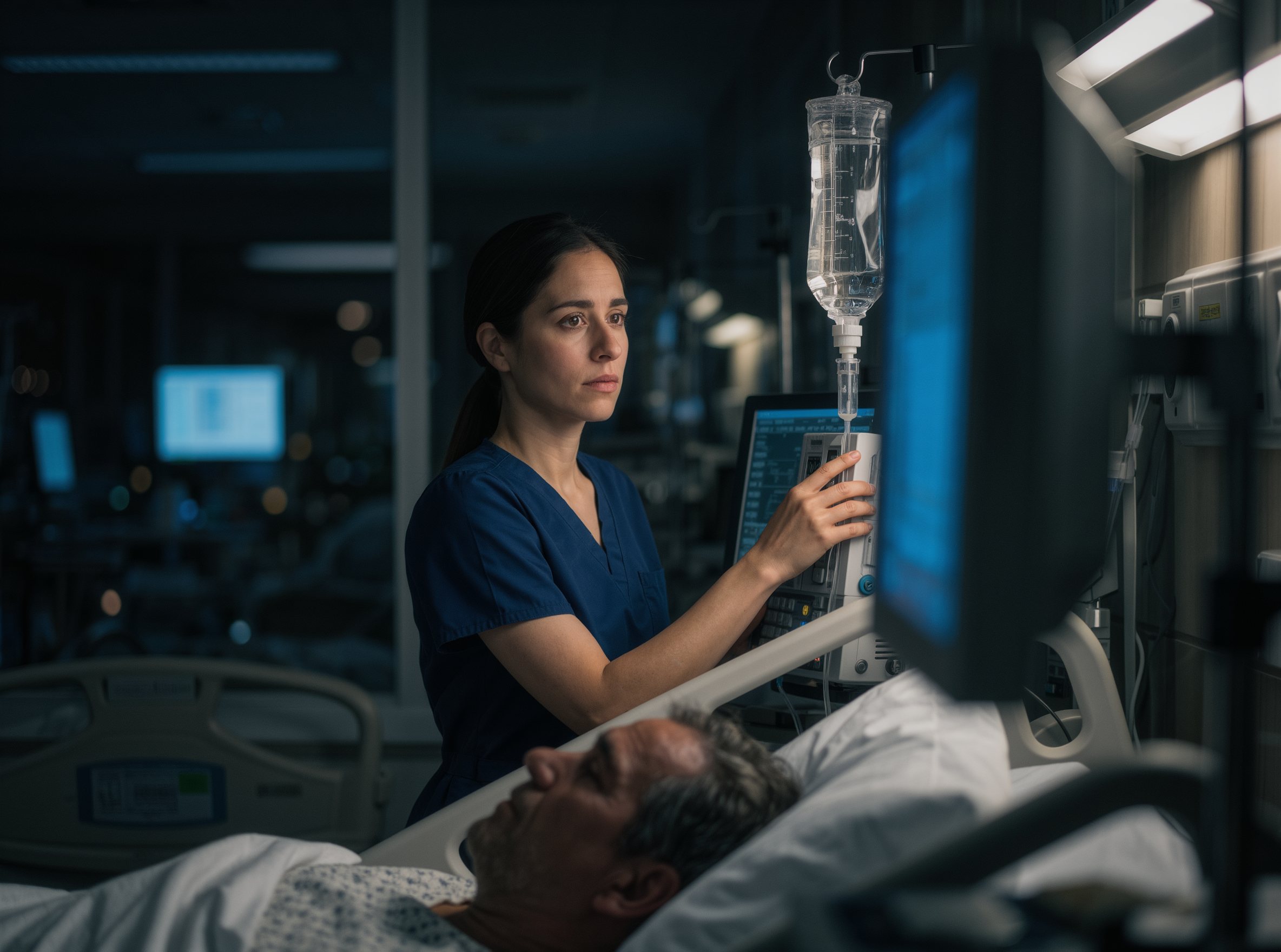 Critical care nurse adjusting an infusion in an intensive care unit