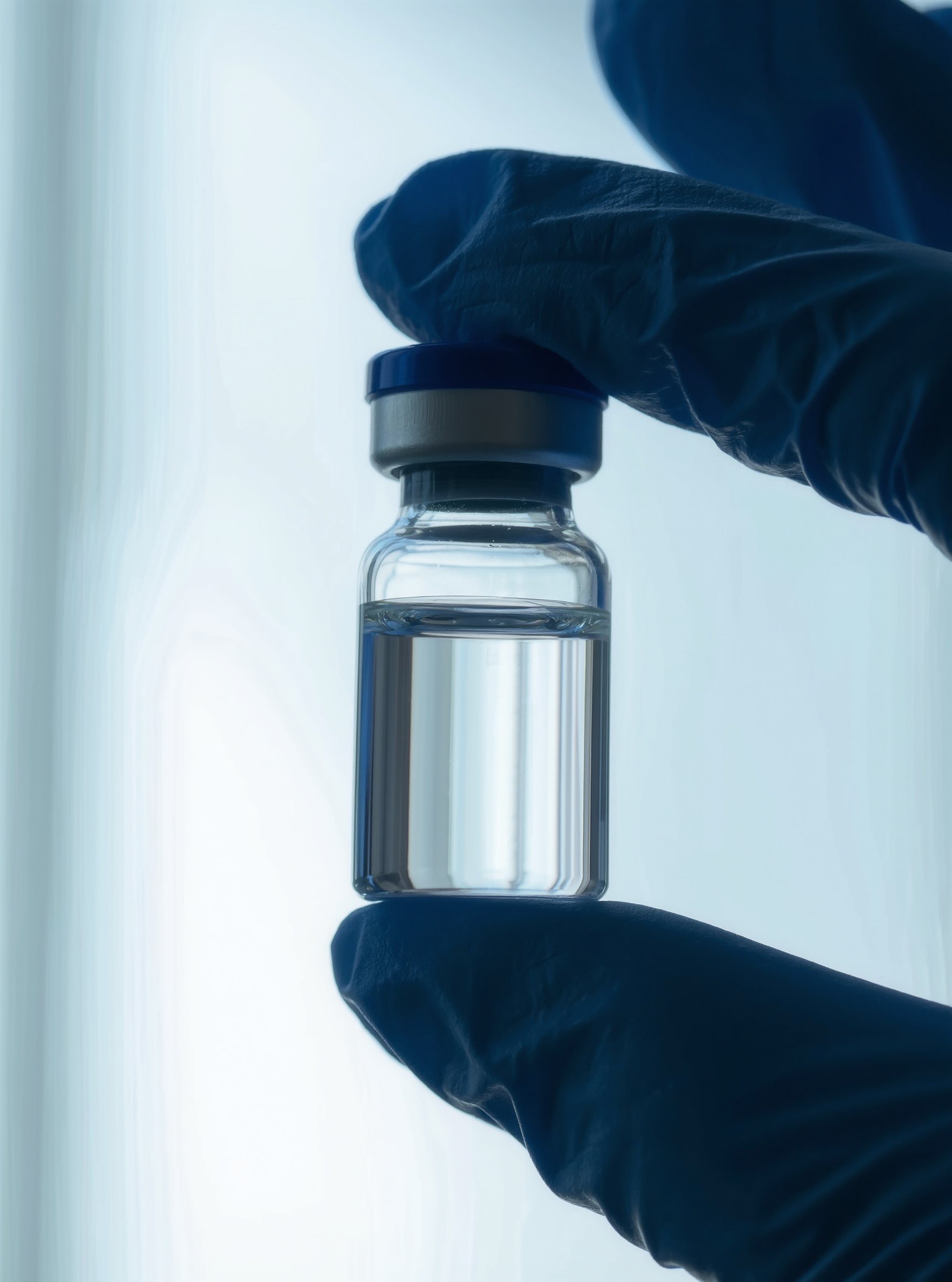 Vaccine vial held in a gloved hand